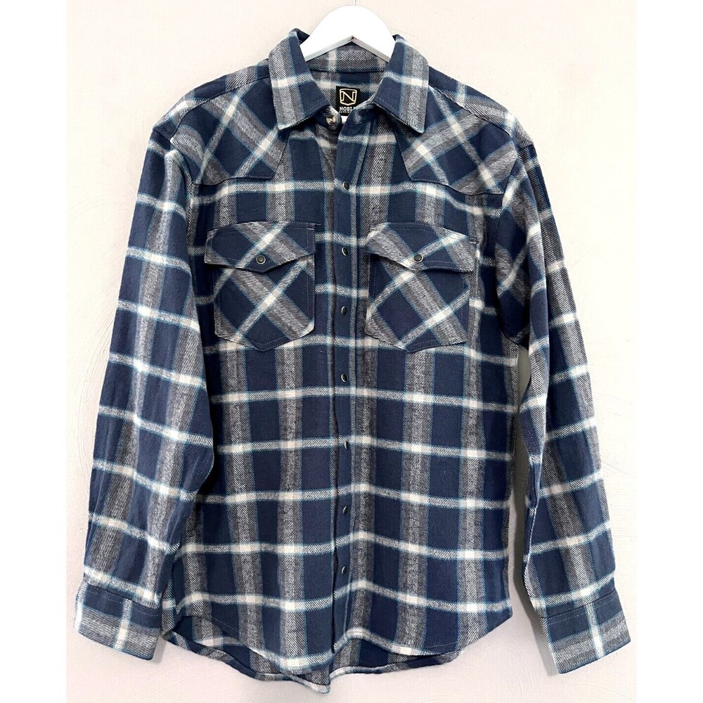 Noble Outfitters Pearl Snap Shirts Men's Blue Gray Plaid Long Sleeve-Medium